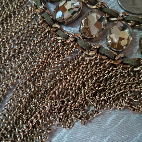 ALDO Brand Antique Brass Chain Topaz Faceted Oval Stones Olive Suede Necklace - Picture 8 of 9